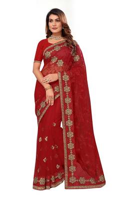 Red embroidered net saree with blouse 1