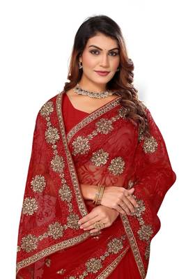 Red embroidered net saree with blouse 2