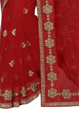 Red embroidered net saree with blouse 3