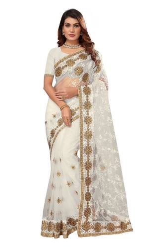 Off white embroidered net saree with blouse
