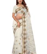 Off white embroidered net saree with blouse