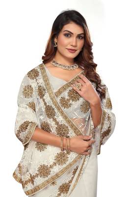 Off white embroidered net saree with blouse 2