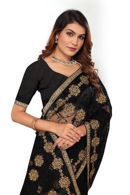 Black embroidered net saree with blouse 2