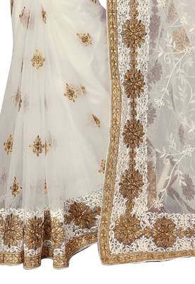 Off white embroidered net saree with blouse 3