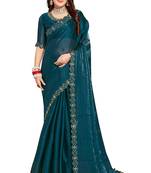 Turquoise embroidered art silk saree with blouse