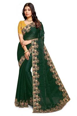 Teal embroidered satin saree with blouse 1