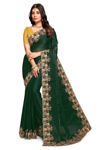 Teal embroidered satin saree with blouse