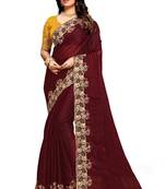 Maroon embroidered satin saree with blouse