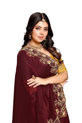 Maroon embroidered satin saree with blouse 2
