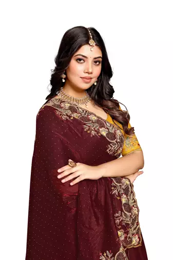 Maroon embroidered satin saree with blouse