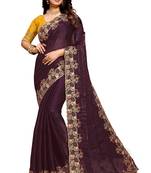 Wine embroidered satin saree with blouse