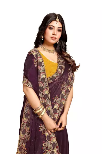 Wine embroidered satin saree with blouse
