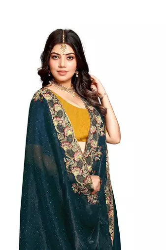 Turquoise embroidered satin saree with blouse