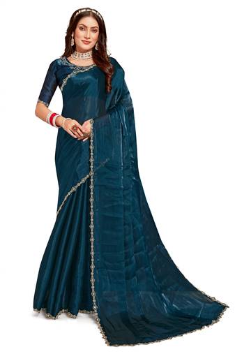 Turquoise embroidered art silk saree with blouse