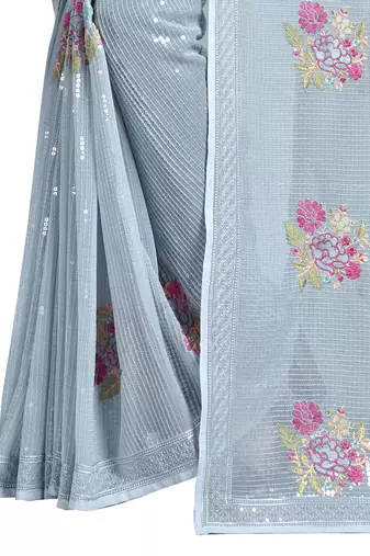 Grey embroidered georgette saree with blouse