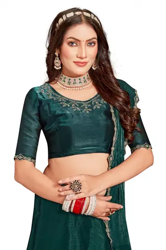 Teal embroidered art silk saree with blouse