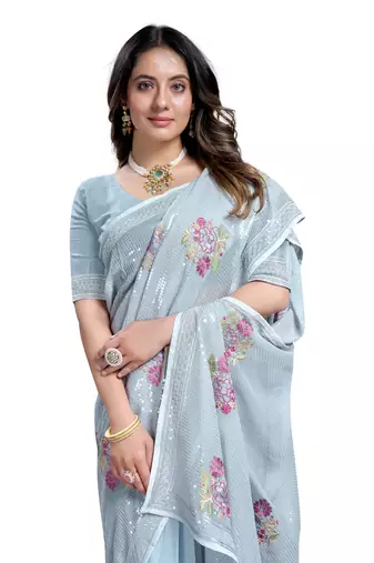 Grey embroidered georgette saree with blouse