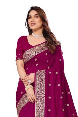 Pink embroidered art silk saree with blouse 2