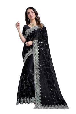 Black embroidered art silk saree with blouse 1