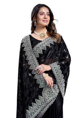 Black embroidered art silk saree with blouse 4