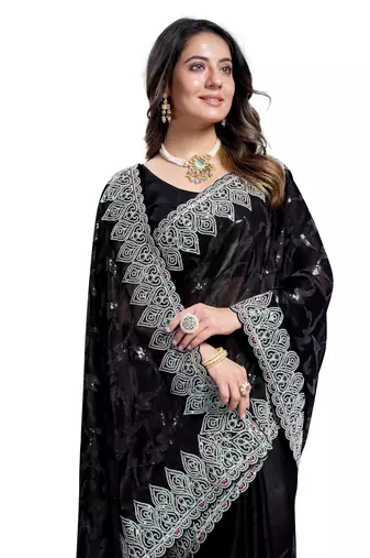 Black embroidered art silk saree with blouse