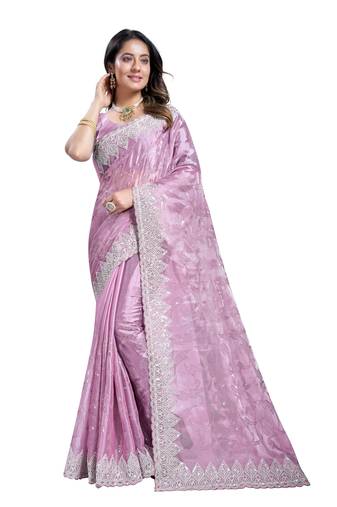 Lavender embroidered art silk saree with blouse