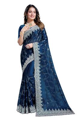 Turquoise embroidered art silk saree with blouse 1
