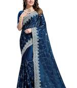 Turquoise embroidered art silk saree with blouse