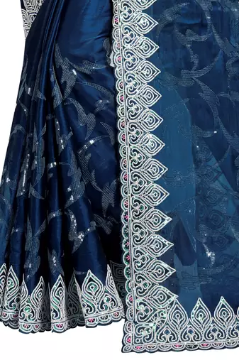 Turquoise embroidered art silk saree with blouse