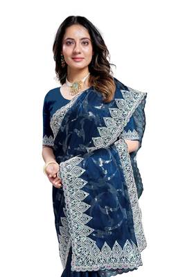 Turquoise embroidered art silk saree with blouse 4