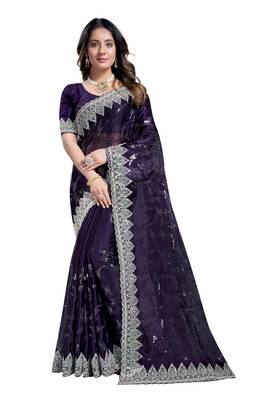 Purple embroidered art silk saree with blouse 1