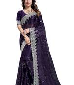 Purple embroidered art silk saree with blouse