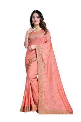 Peach embroidered art silk saree with blouse 1