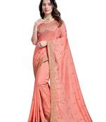 Peach embroidered art silk saree with blouse