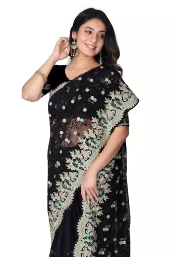 Black embroidered net saree with blouse