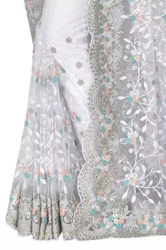 White embroidered net saree with blouse