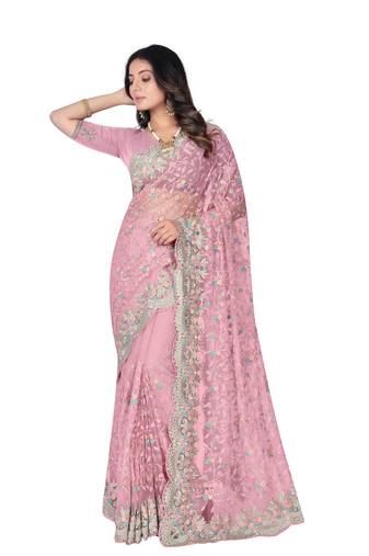 Pink embroidered net saree with blouse