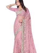 Pink embroidered net saree with blouse