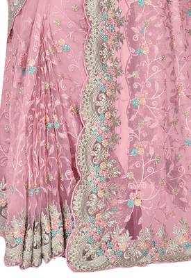 Pink embroidered net saree with blouse 2