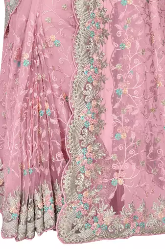 Pink embroidered net saree with blouse