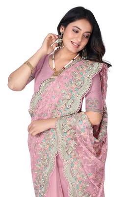Pink embroidered net saree with blouse 4