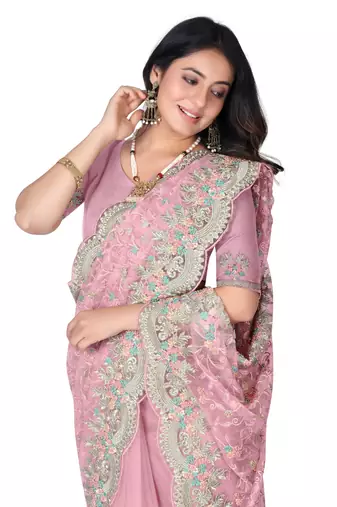 Pink embroidered net saree with blouse