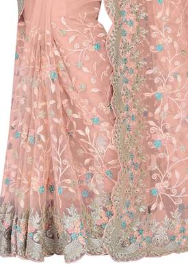Peach embroidered net saree with blouse 2