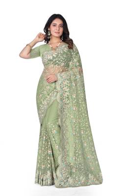 Green embroidered net saree with blouse 1