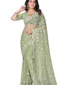 Green embroidered net saree with blouse