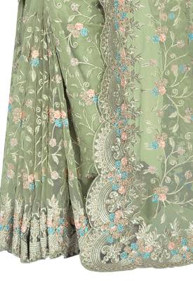 Green embroidered net saree with blouse 2