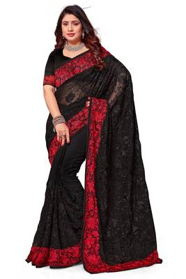 Black embroidered georgette saree with blouse 1