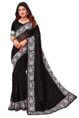 Black embroidered georgette saree with blouse 1