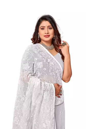 White embroidered georgette saree with blouse