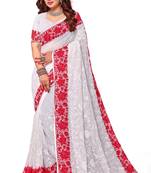White embroidered georgette saree with blouse